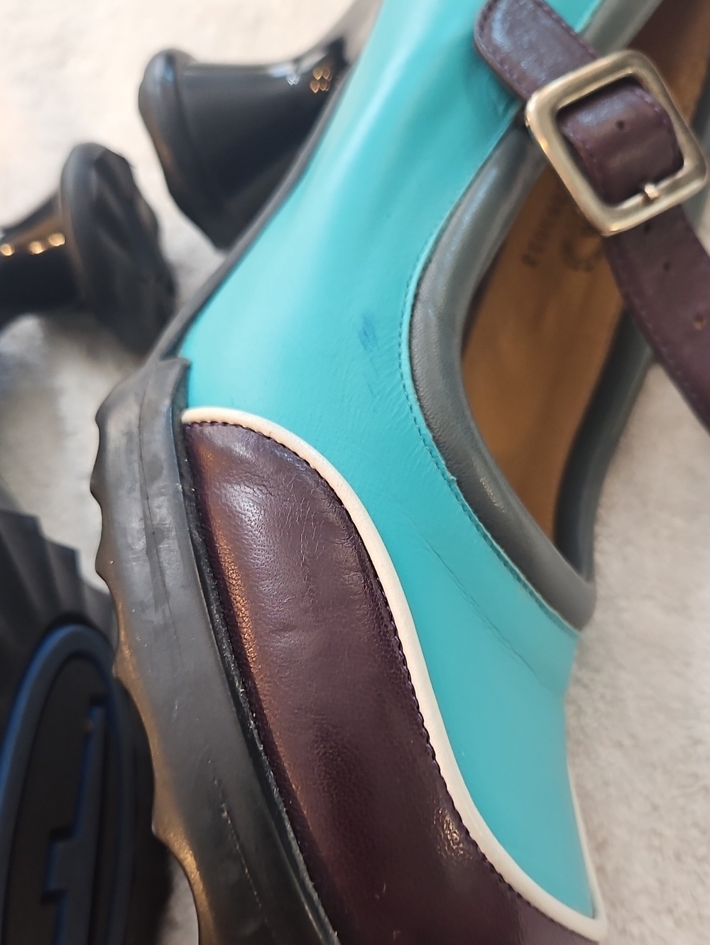 John Fluevog Aqua & Purple Mini gorgouse Mary Jane Heels Sz 10 - Picture 5 of 9